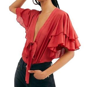 INTIMATELY FREE PEOPLE Call Me Later Bodysuit Ruffle Sleeve Rust Red Size XSMALL